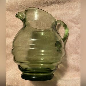 Vintage Green Handblown Glass Ribbed  Pitcher